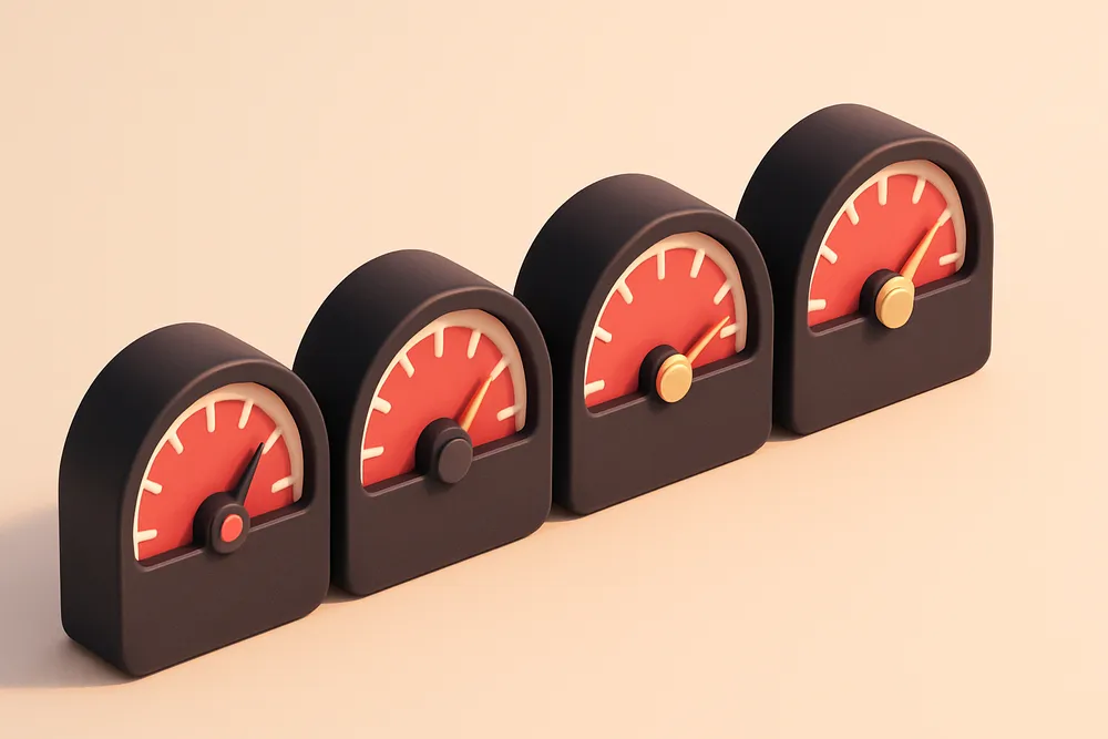a row of four gauges with colored dials labeled 'verified', 'safe', 'real', 'booked'