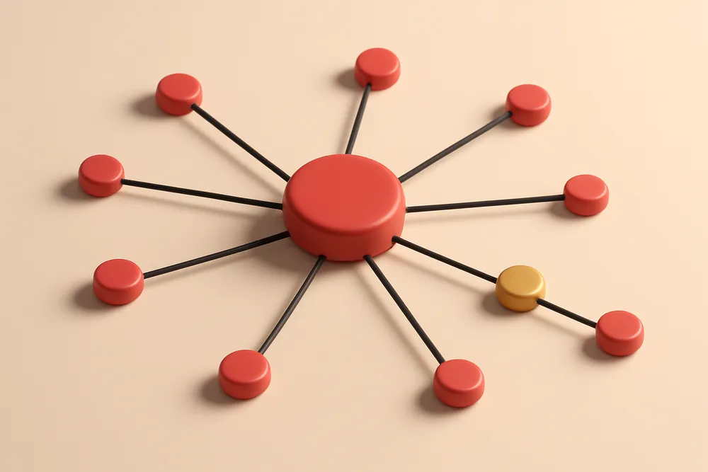 a network of small circular nodes connected by lines, with one central node slightly larger