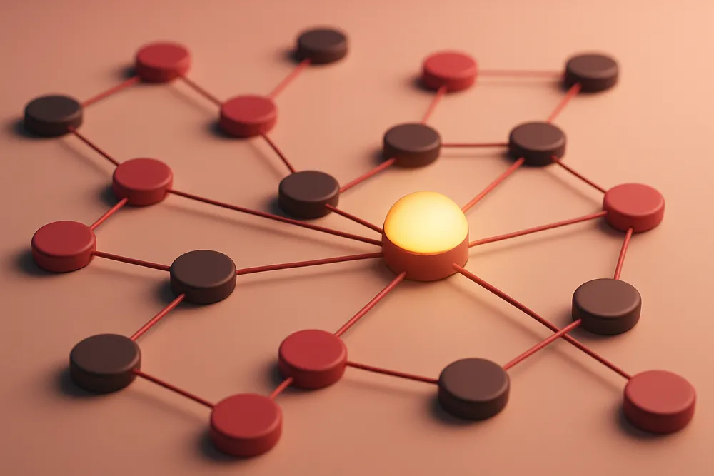 A network of small circular nodes connected by thin lines, one node slightly larger and glowing
