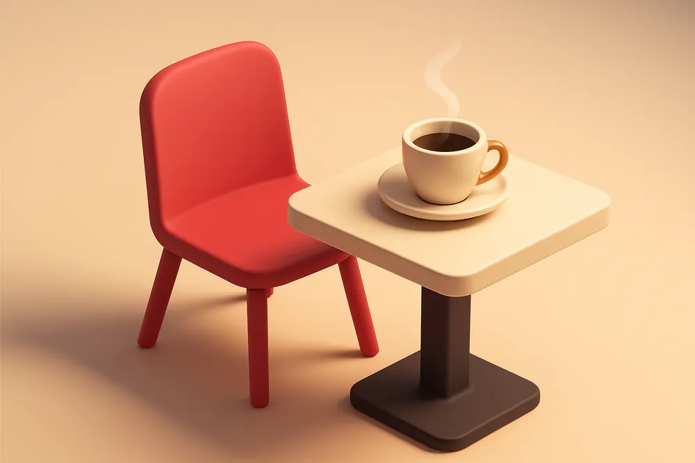 a table with one empty chair and a single coffee cup that’s still warm