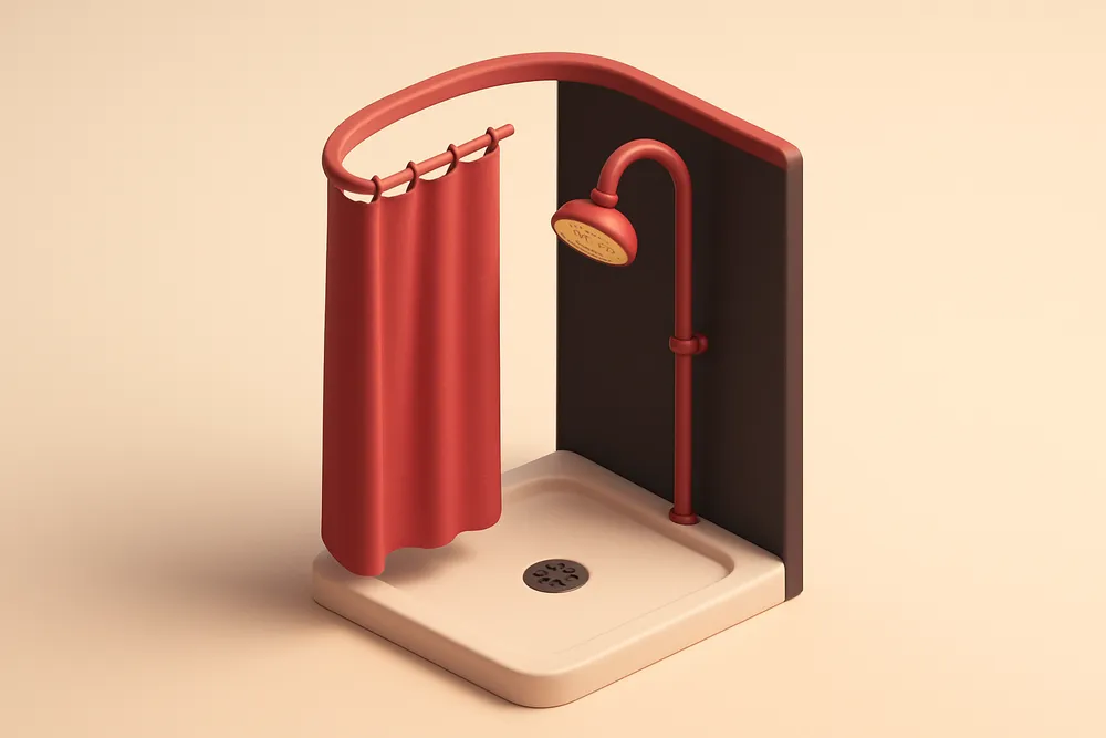 Hero: a single, minimalist showerhead with a curved curtain and no visible person