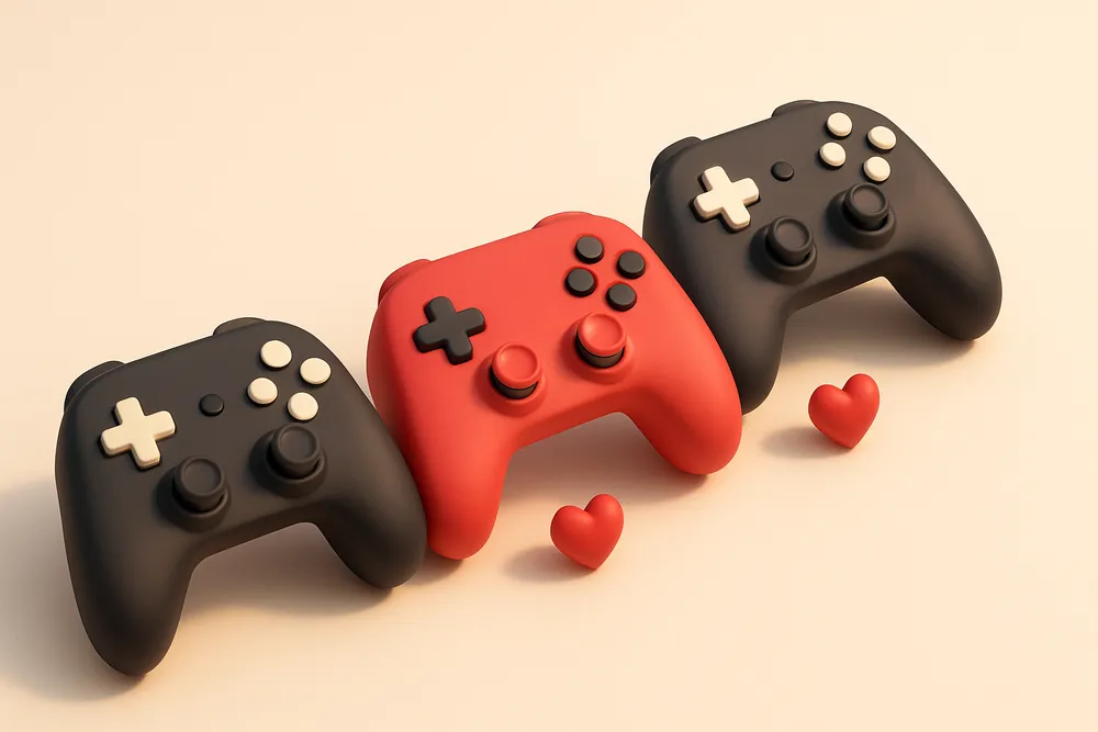 a single row of three game controllers with small hearts between them