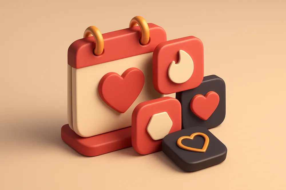 a calendar with overlapping event icons, each labeled with a different app name (Tinder, Bumble, etc.)