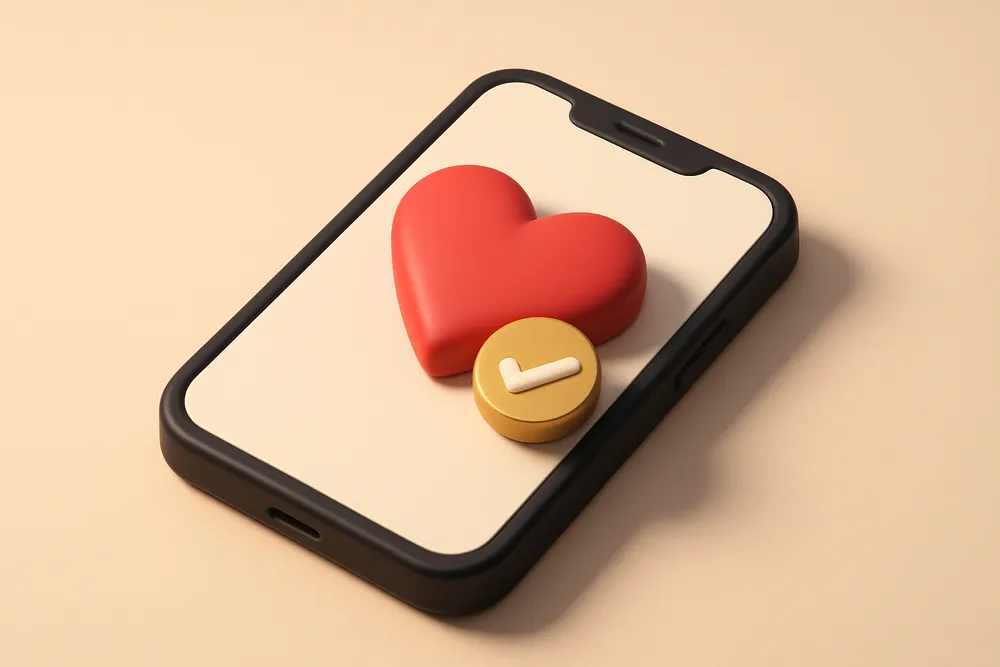 a single phone with a heart icon and a checkmark overlay