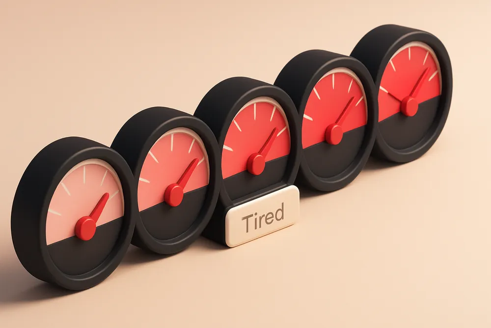 a row of five gauges with increasing levels of red, one labeled 'Tired'