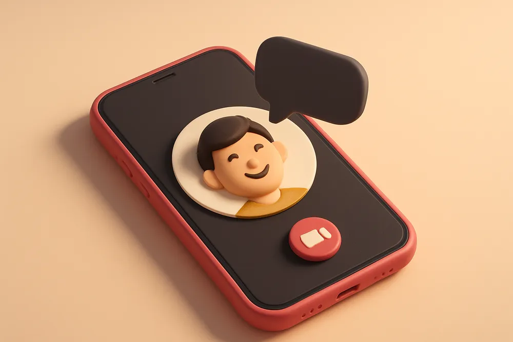 a single phone with a video call screen showing a smiling face and a chat bubble