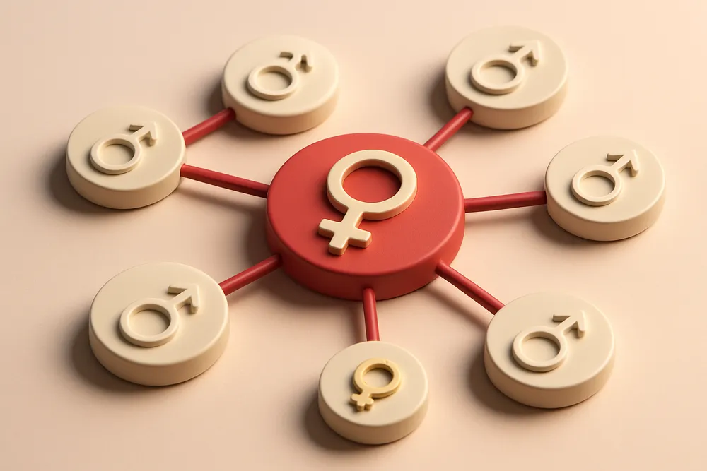 Hero: a network of small circular nodes connected by lines, each with a different gender symbol inside