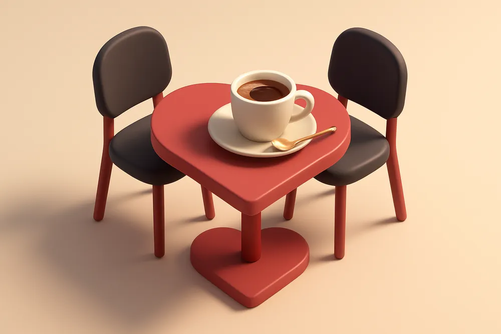 A single heart-shaped table setting with a coffee cup and two chairs