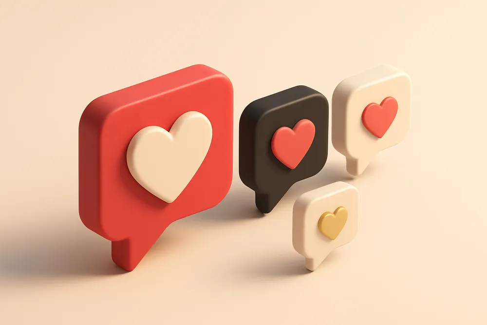 A row of four chat bubbles, each with a heart icon inside, slightly different in size and opacity