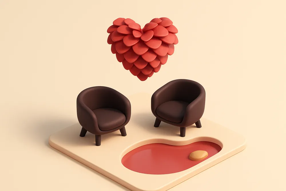 A single heart-shaped pinecone floating above two tiny cup-shaped chairs next to a small lake