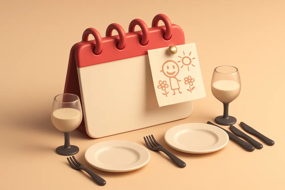 a calendar with two table settings and a child’s drawing pinned to it