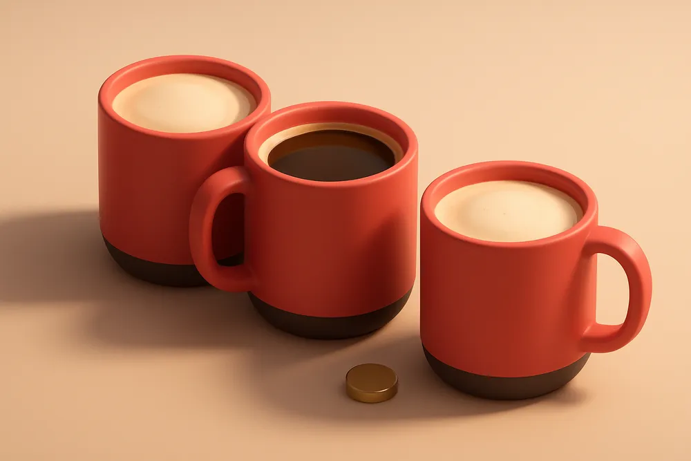a row of three coffee cups, with one slightly separated to suggest a friend’s seat
