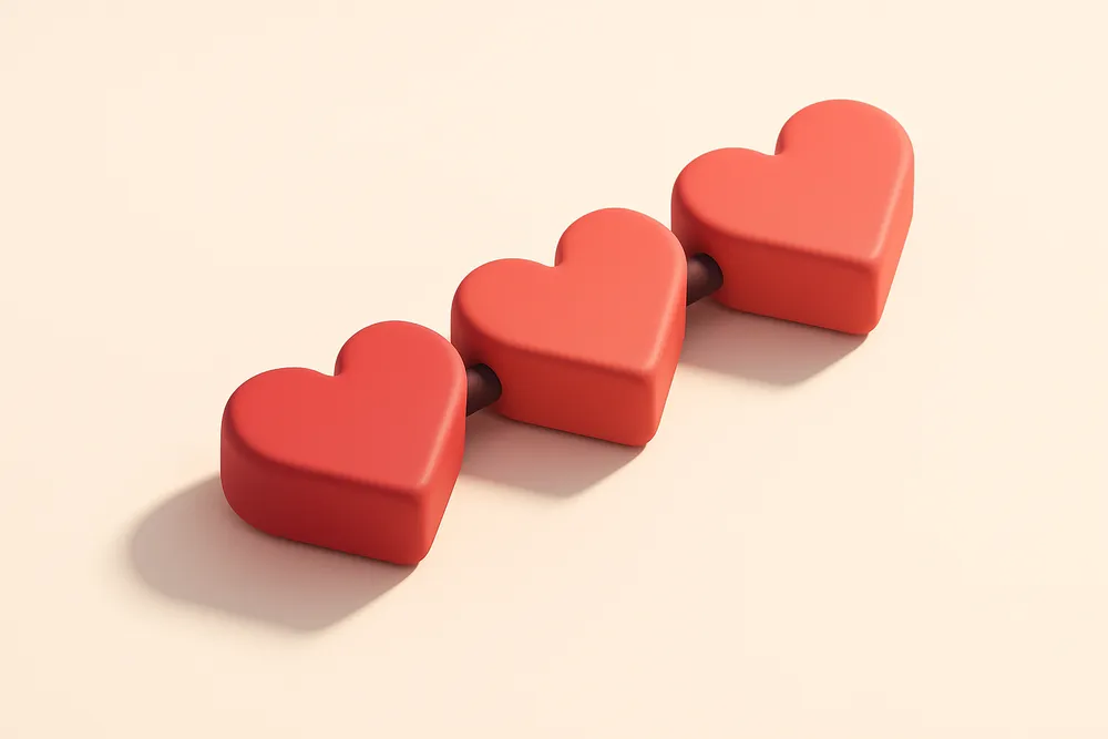 A row of four interconnected heart-shaped nodes, each slightly different in hue