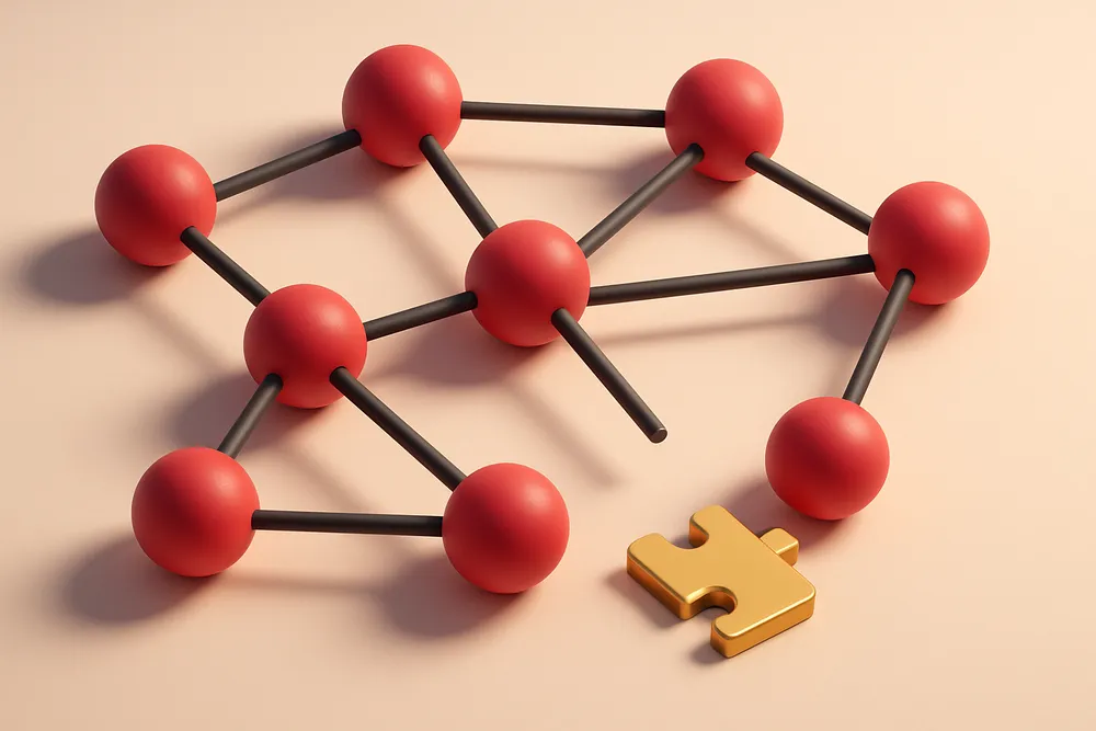 a network of connected nodes with one missing link