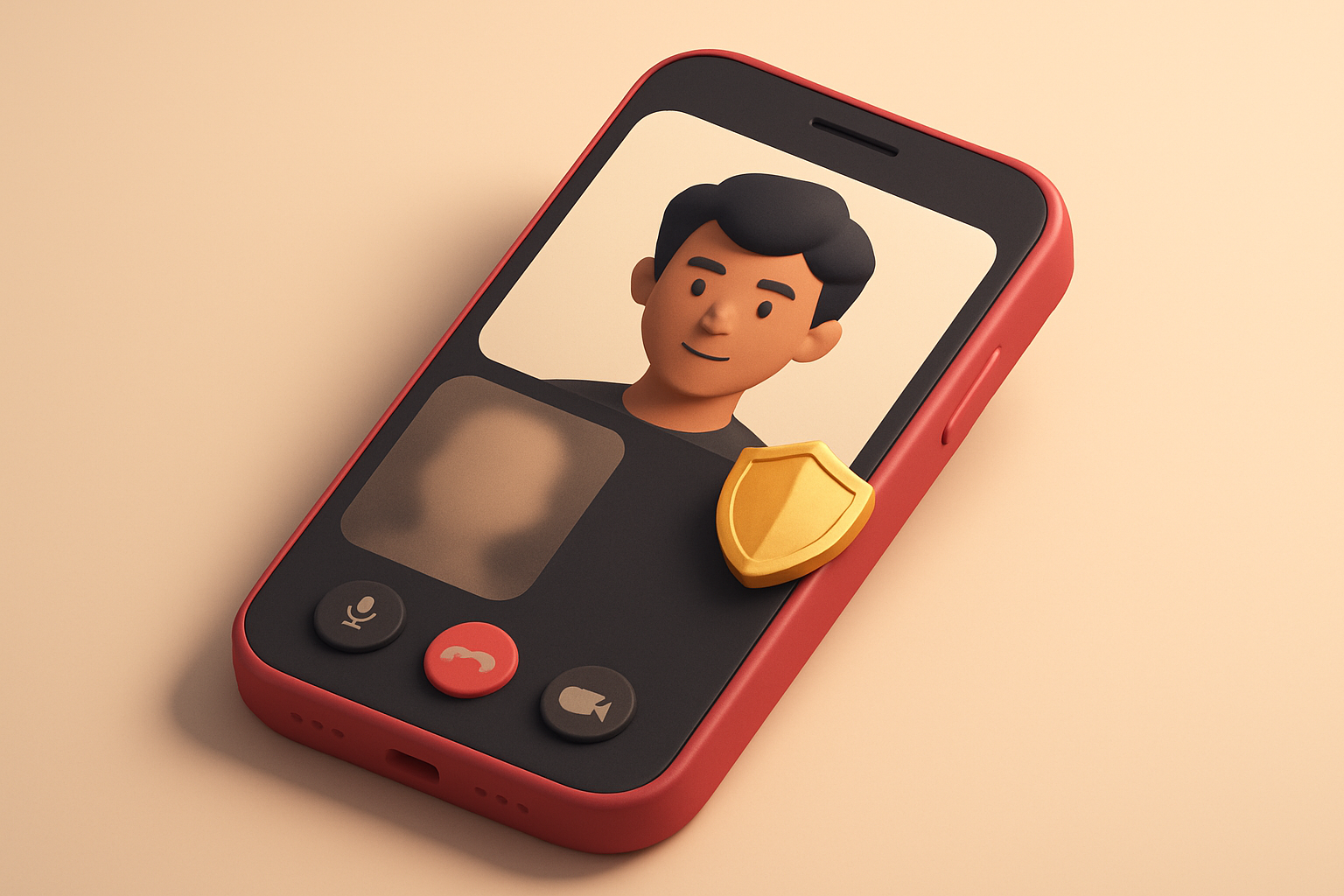 A single smartphone showing a video call interface with two faces, one visible, one blurred, with a small shield icon ov