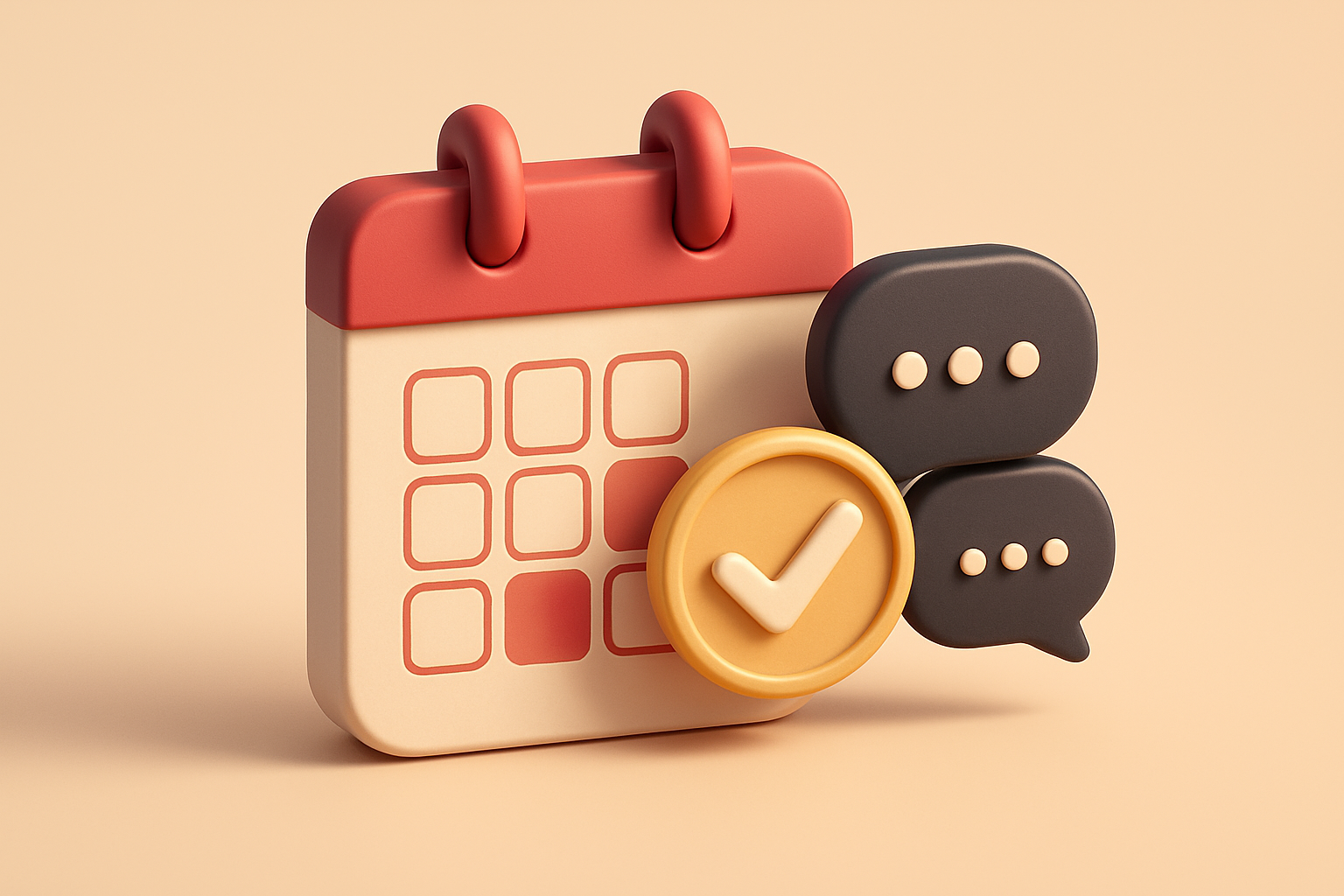 A single calendar with a highlighted date for a second date, overlaid with a checkmark and two linked chat bubbles