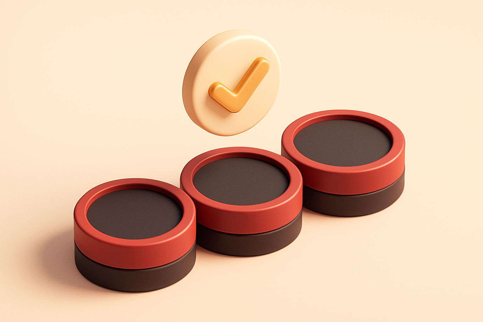 a row of three near-identical coins with a checkmark above