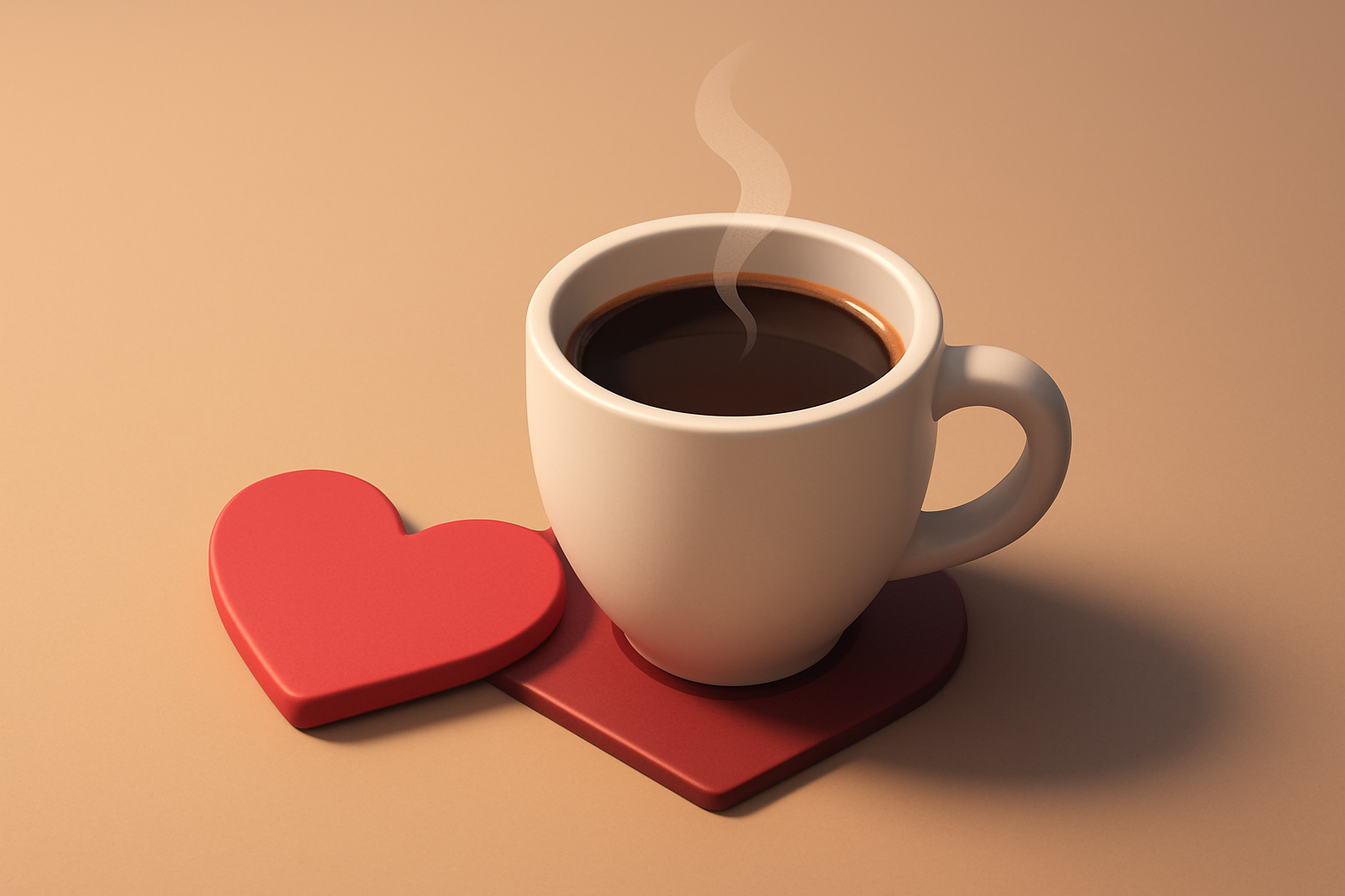 a single coffee cup with steam rising, sitting next to a heart-shaped napkin