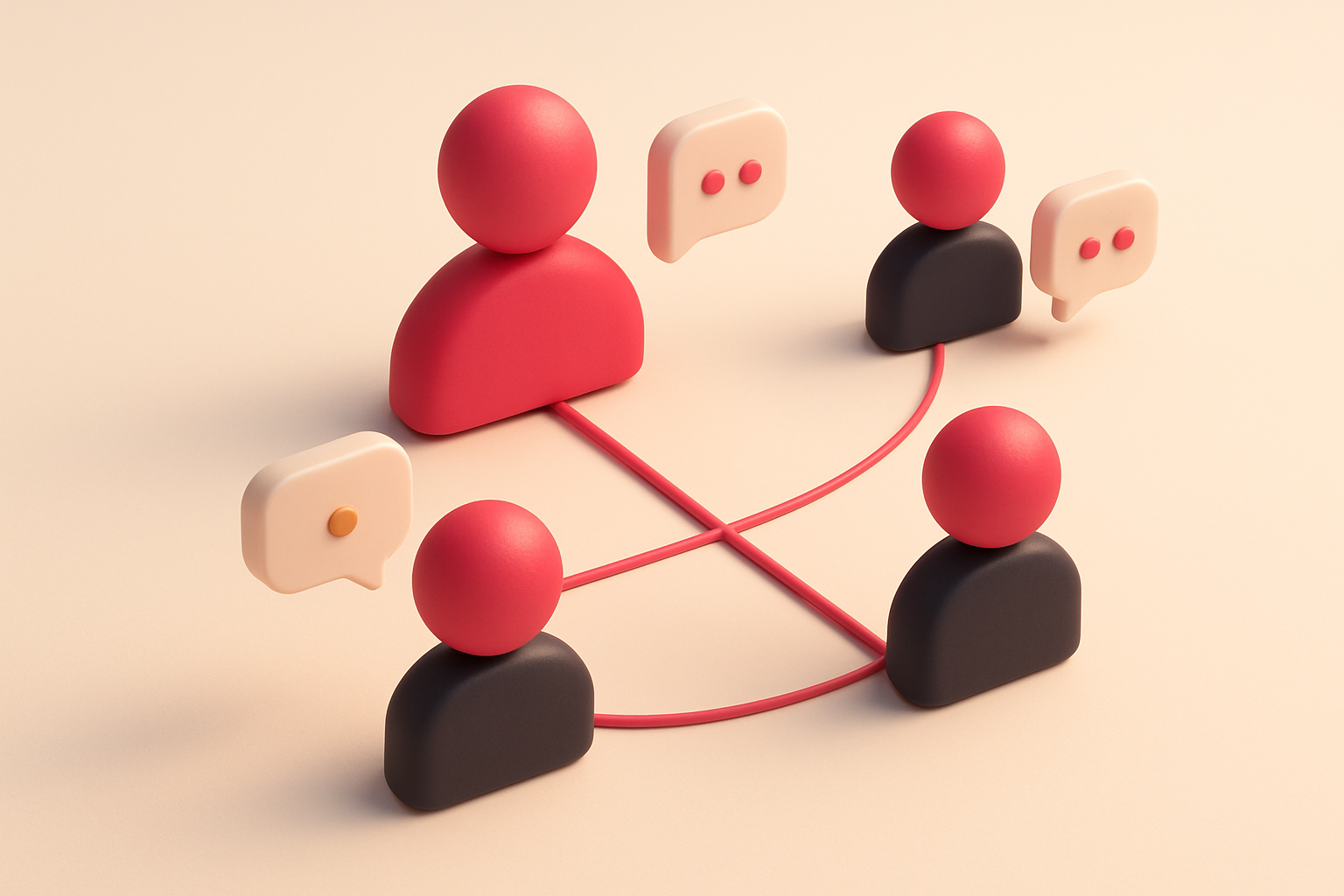 a network of four connected node icons, each with a small chat bubble