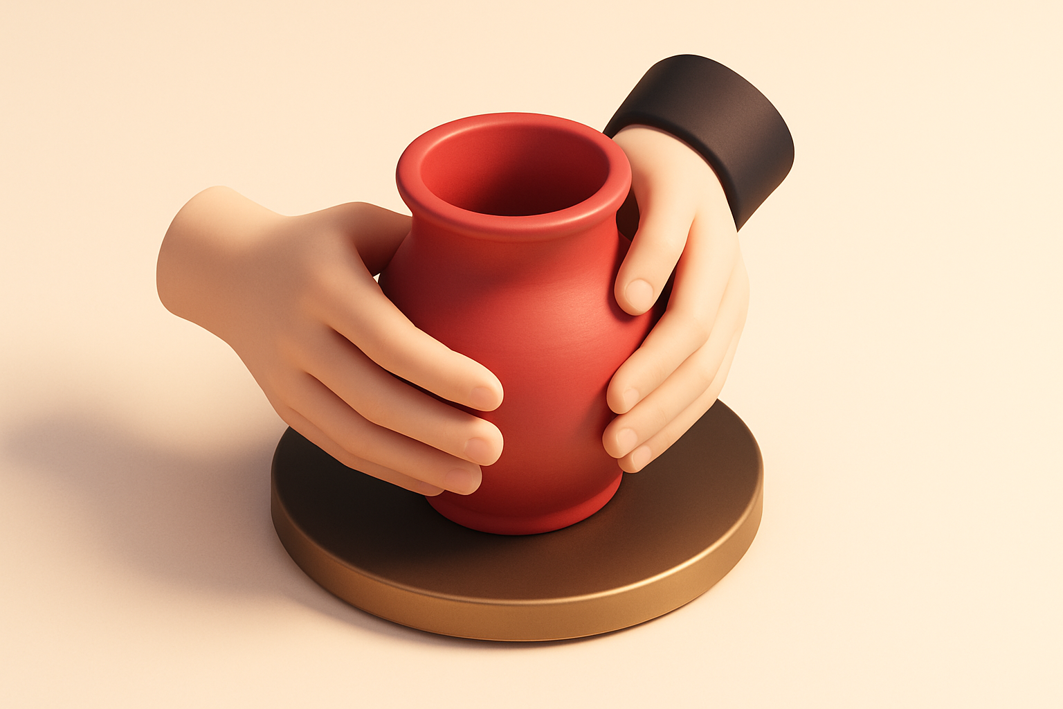 A single ceramic pot with a sketch of two hands shaping it