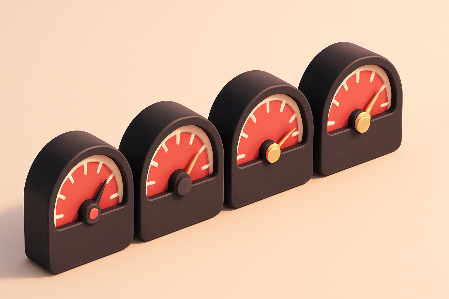 a row of four gauges with colored dials labeled 'verified', 'safe', 'real', 'booked'