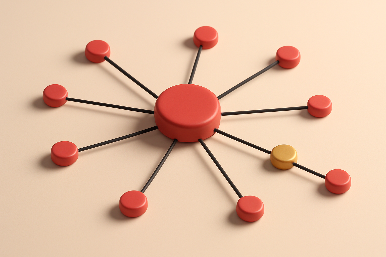 a network of small circular nodes connected by lines, with one central node slightly larger
