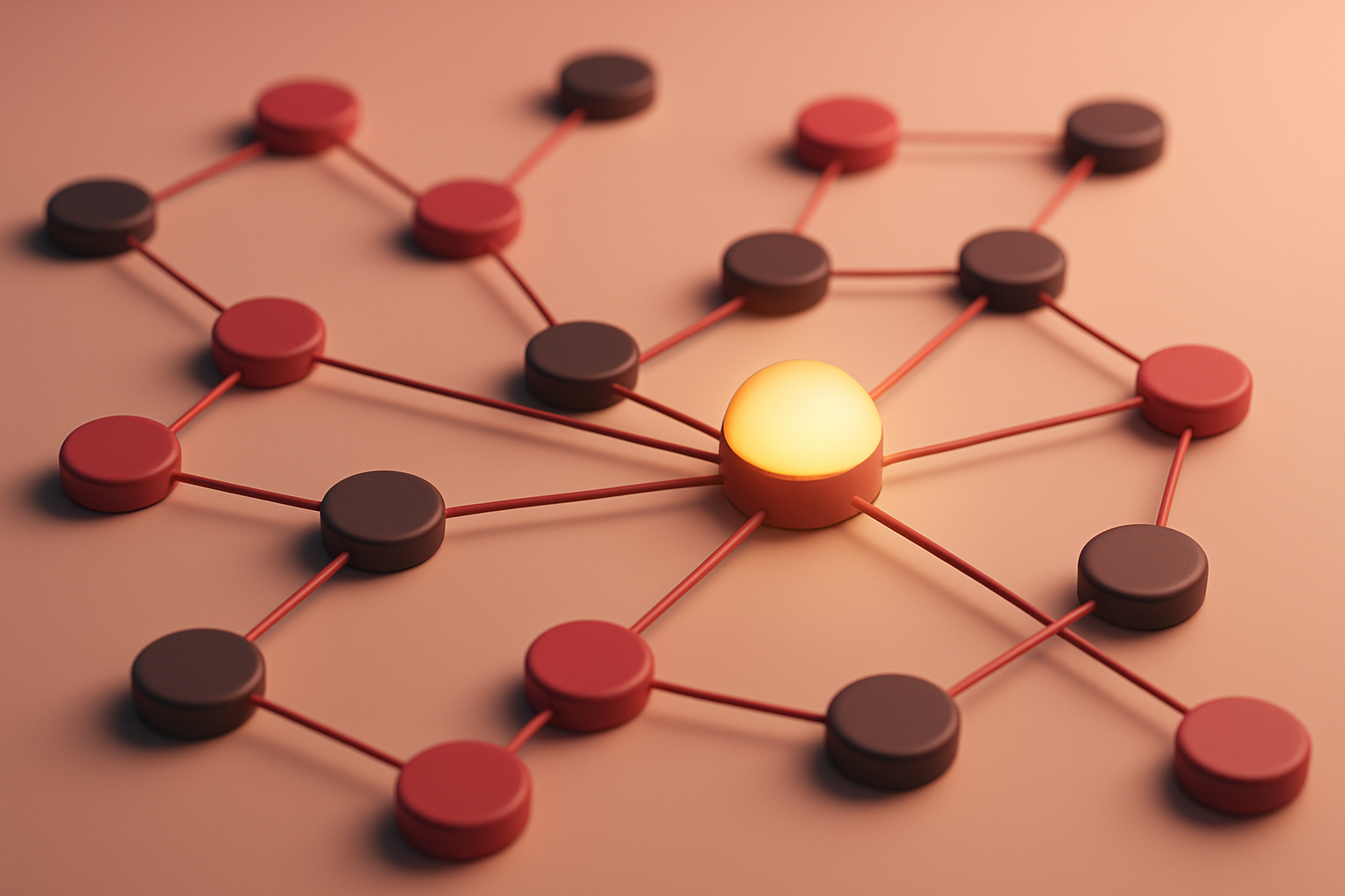 A network of small circular nodes connected by thin lines, one node slightly larger and glowing