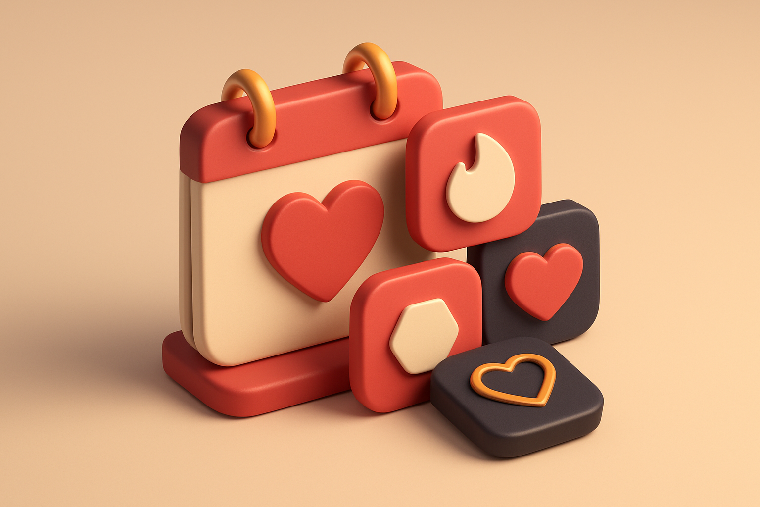 a calendar with overlapping event icons, each labeled with a different app name (Tinder, Bumble, etc.)