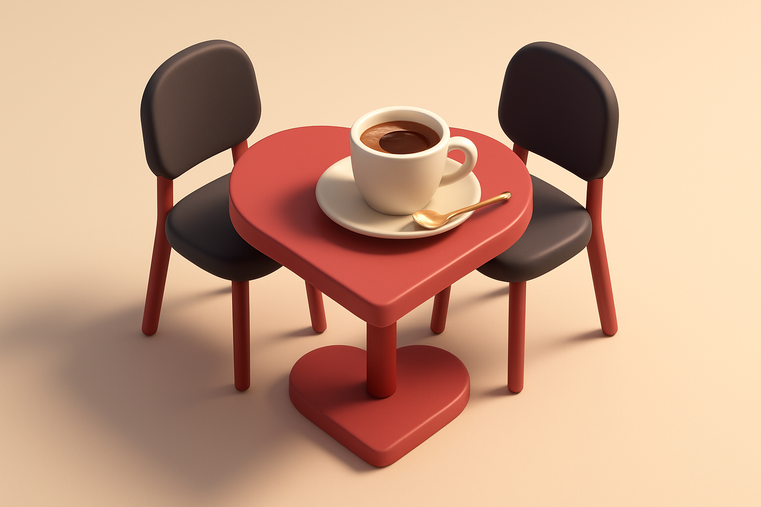 A single heart-shaped table setting with a coffee cup and two chairs