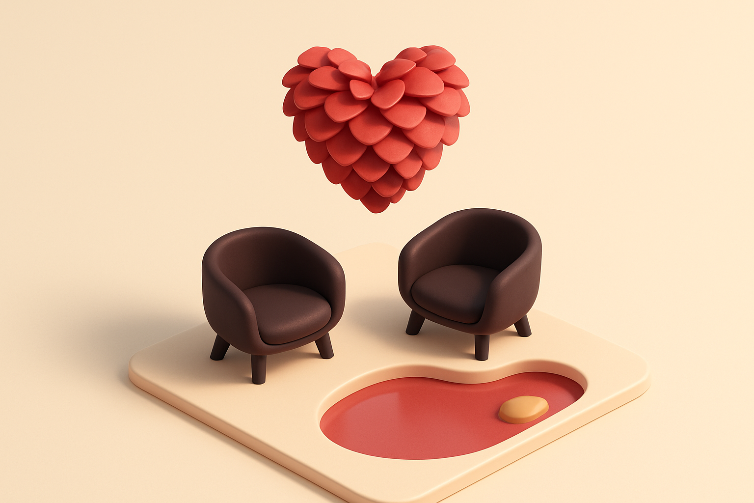 A single heart-shaped pinecone floating above two tiny cup-shaped chairs next to a small lake